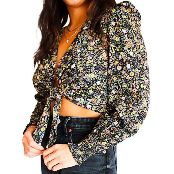 RESET by Jane Corina Top Black Floral S Cropped Tie-Front Balloon Sleeve Blouse - Picture 4 of 9